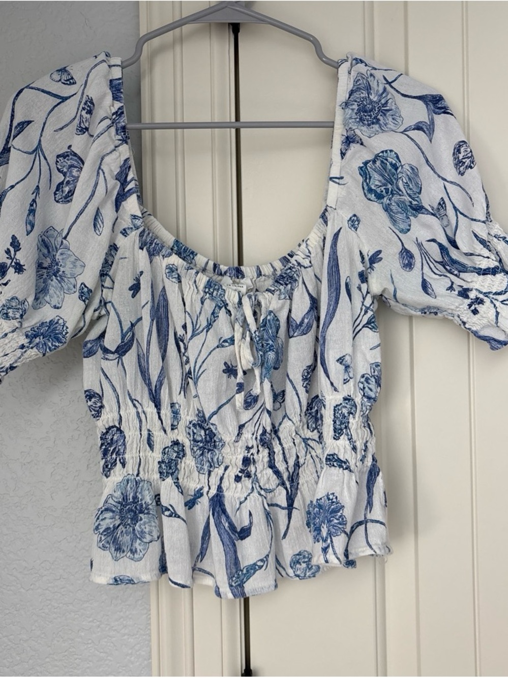 H&M White Peasant Blouse with Blue Floral Print